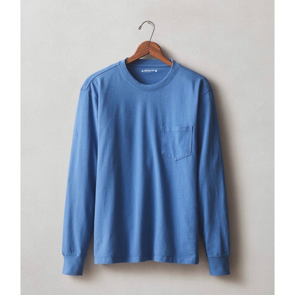 NWOT American Giant Men's Long Sleeve Cotton Pocket Tee Bright Cobalt Size XL